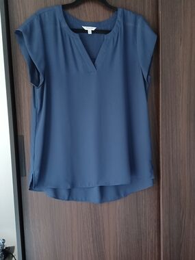 Essentials Navy Blue Split-Neck Short Sleeve Blouse